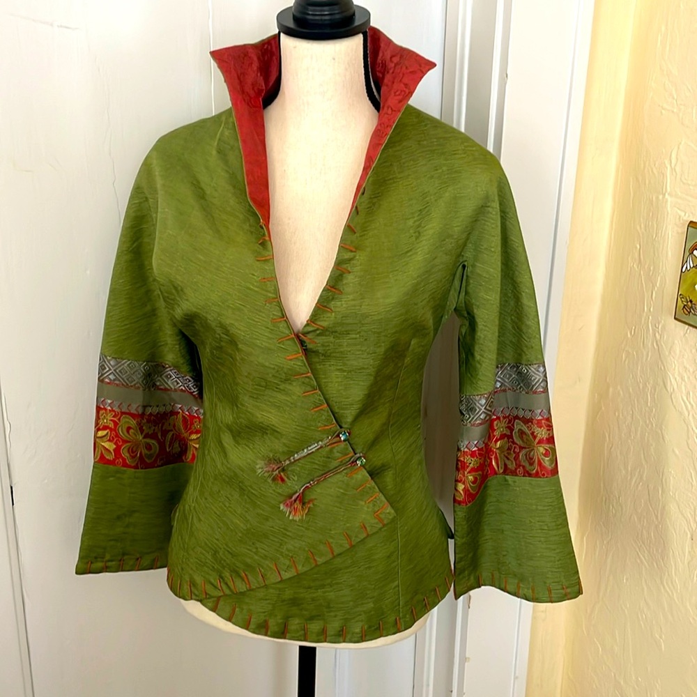 Boxihuafu Thai Silk LinedBeautiful‎ Green/Orange jacket Medium